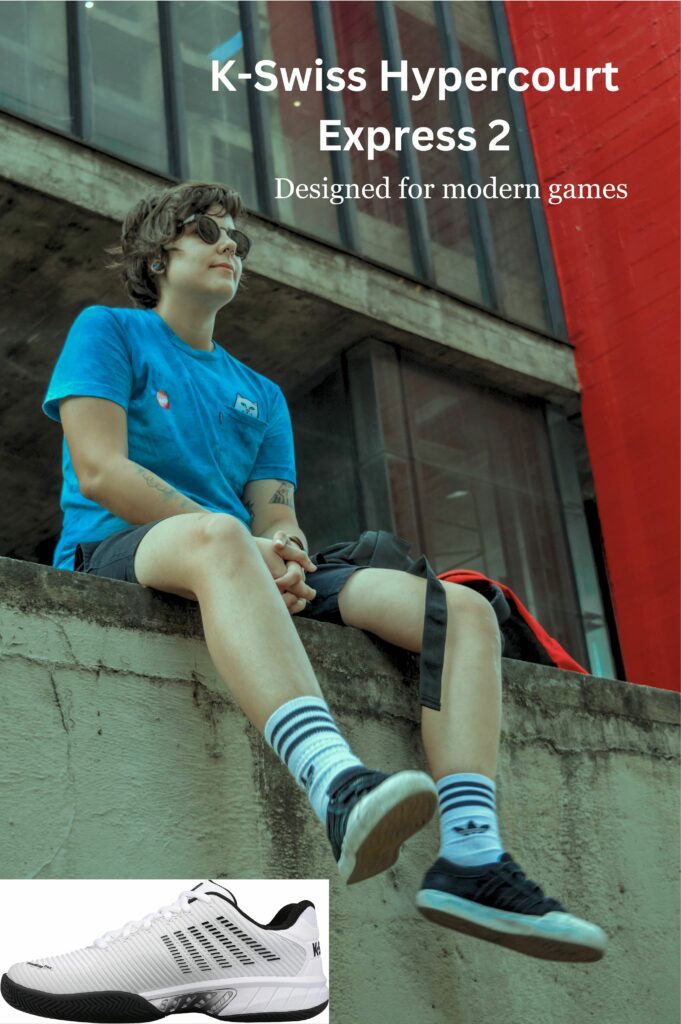 A player sitting on wall wearing K-Swiss Hypercourt Express 2 shoes